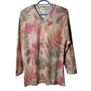 Gabriella T NWT W Size Med Floral Print Metallic‎ Sweater Merino Wool Blend